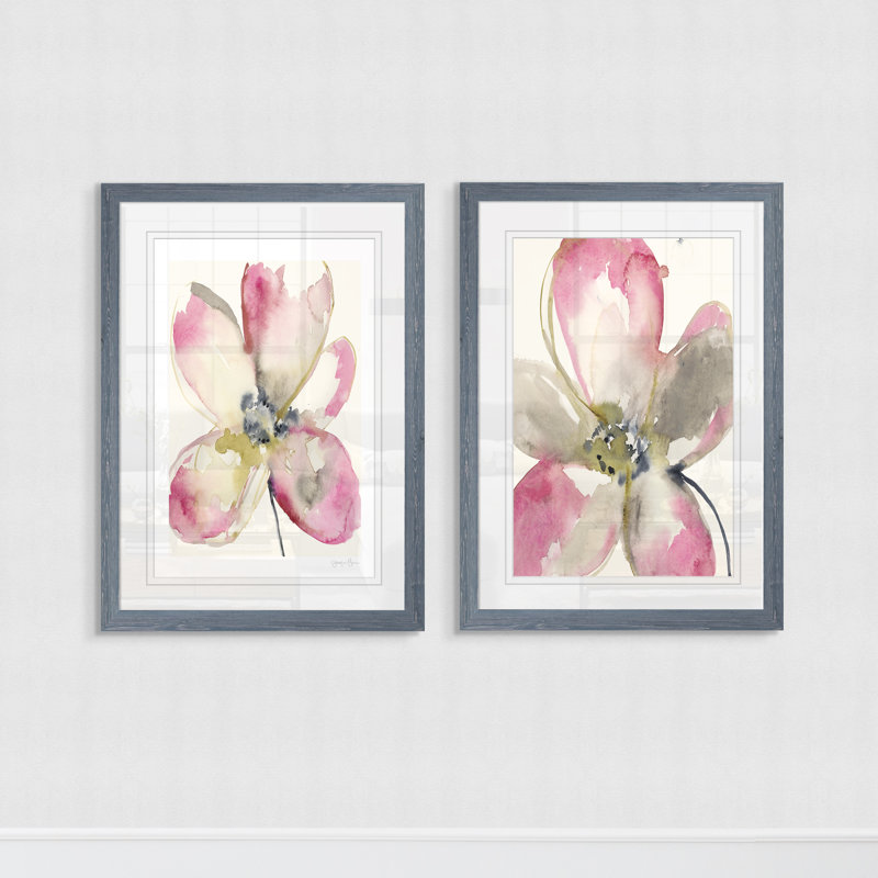 Magenta pétales I, ensemble de 2 reproductions d’art encadrées, H 24 po x l 18 po x P 1,25 po, Cadre espresso, Blanc