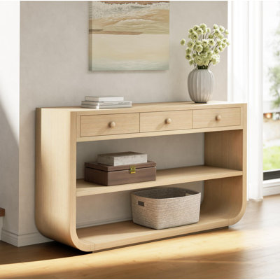 Console moderne courbée avec 3 tiroirs à fermeture en douceur et 2 tablettes ouvertes, base en bois massif, table de vestibule pour vestibule de salon, naturel