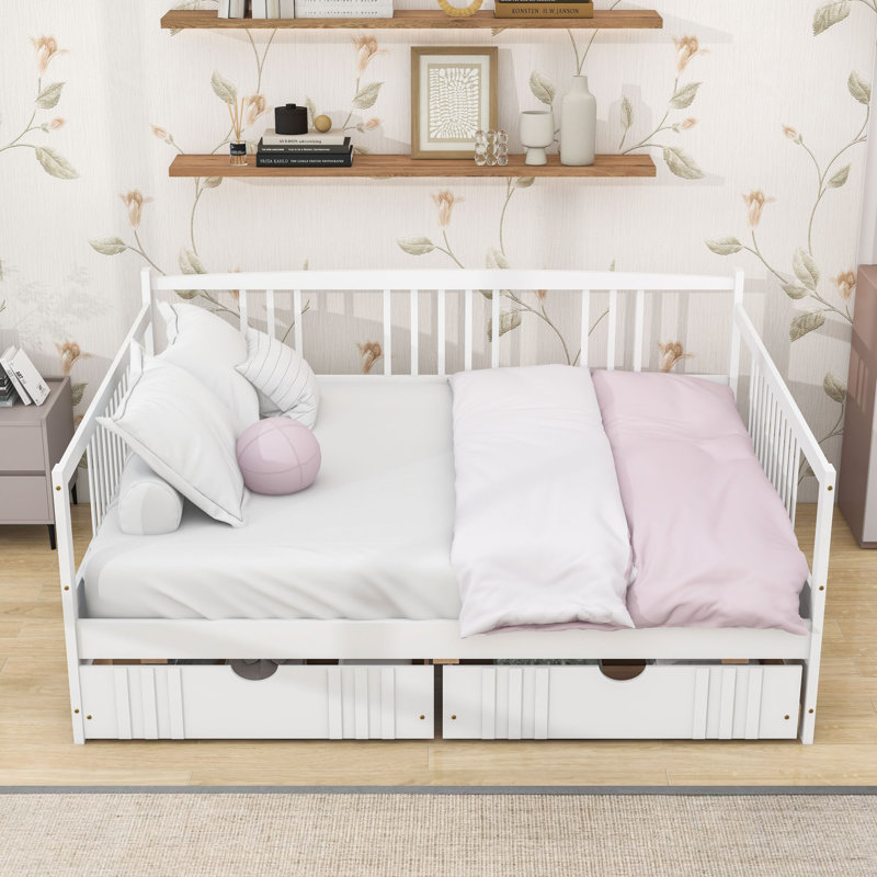 Full Size Daybed Wood Bed with Two Drawers, White