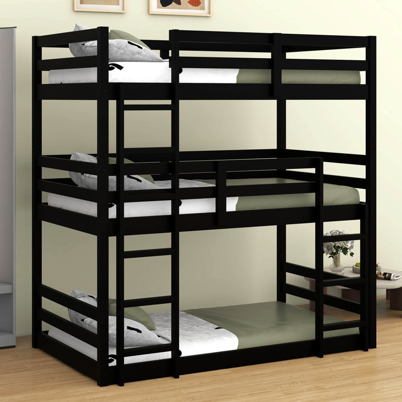Twin Over Twin Over Twin Rubber Wood Triple Bunk Bed – Two Built-In Ladders, Guardrails & Detachable Design, Black
