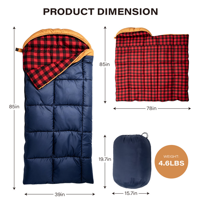 Sac de couchage toutes saisons pour adultes, sac de couchage de camping en coton et polyester avec sac de compression, bleu marine et rouge