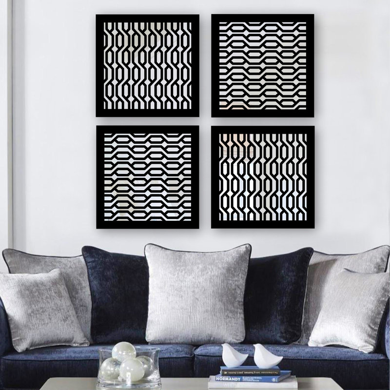 Elegant Mirror Set (4 Pieces), Silver Finish, 7.9 x 7.9 inches | 100% Glass with 0.12 inch MDF Laser Cut Pattern | Easy Wall Hanging Design | Perfect for Home Decor, Living Room & Bedroom Accents