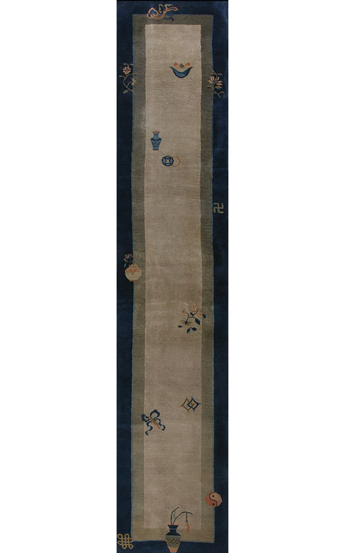Ivory Chinese Antique Knotted Hallway Runner Wool - Peking 1920s Rectangle Rug