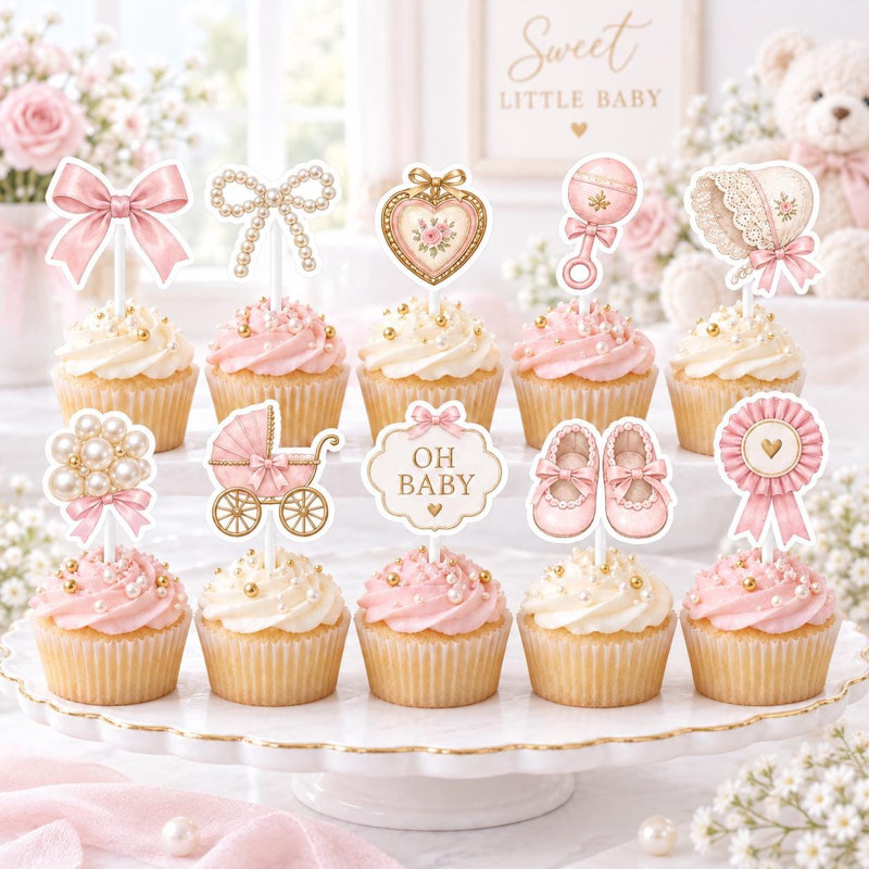 Décorations pour cupcakes Coquette pour fête prénatale, 10 modèles en papier cartonné avec nœud et perle