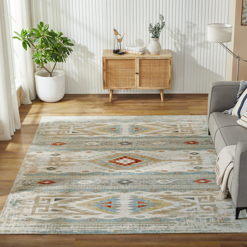 Sundance Mesa Weathered Ivory Teal Wool Hand Crafted Area Rug, Rectangle 12' x 15'