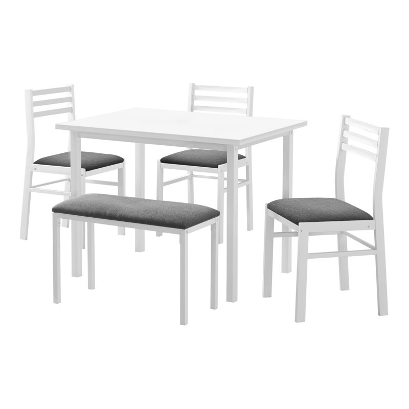 Reha 5 Piece Dining Set, Rectangular Table, 3 Chairs, Bench, Dark Gray, White, White