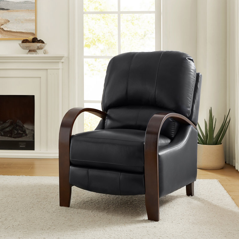 Alexandra 30" W Mid-Century Modern Manual Recliner with Bentwood Arms, Black Genuine Leather/Faux Leather