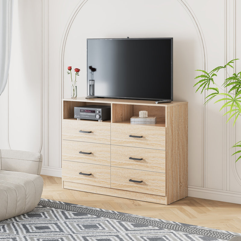 6 Drawers Dresser,Modern Storage Tower Dressers and Chests 2 Open Cubby,Large Organizer for Bedroom, Light Oak