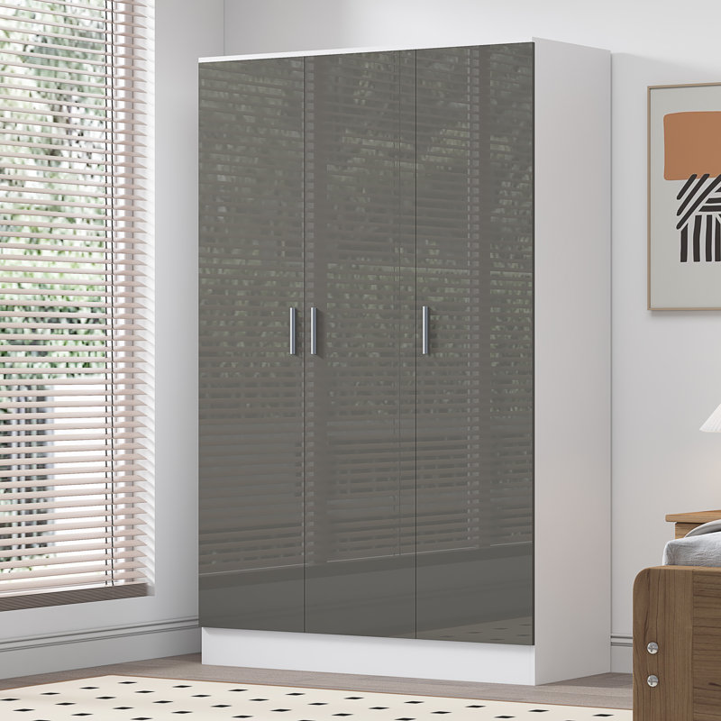 Eva High Gloss Plain 3 Door Wardrobe - H: 180cm x D: 47cm x W: 113cm, Matte White/Gloss Grey