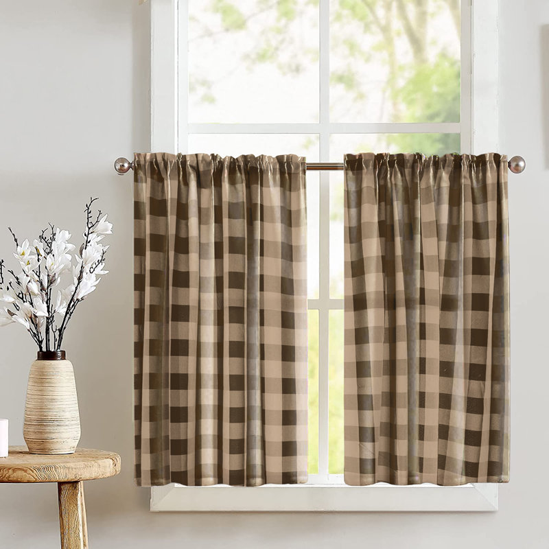 Brown and Beige Checkered Polyester Kitchen Tier Curtains