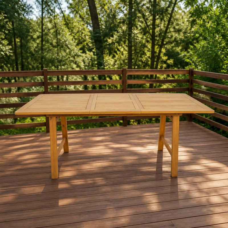 Table de salle à manger extensible en bois d'acacia massif, table de patio rectangulaire à longueur réglable avec plateau à lattes, mobilier d'extérieur résistant aux intempéries