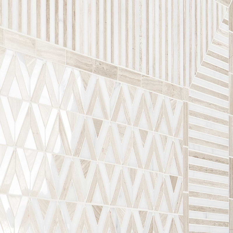 Monroe 8x8 Triangle Polished Marble Mosaic Tile, Beige/White
