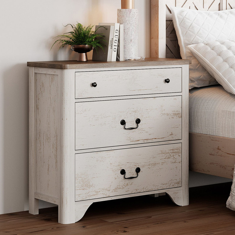 Farmhouse Nightstand With 3 Drawers, Distressed White，31.5", White, Individual