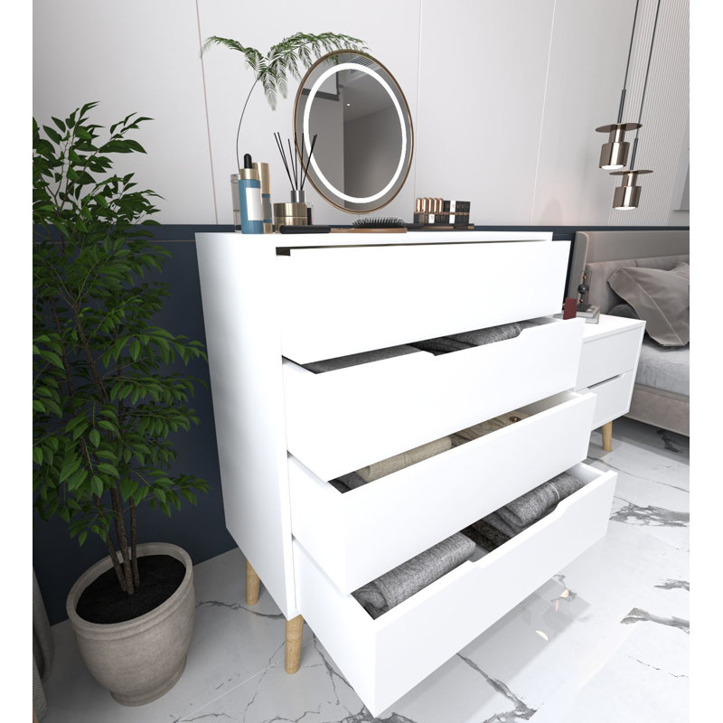 Commode 4 tiroirs - Pieds en bois, Blanc