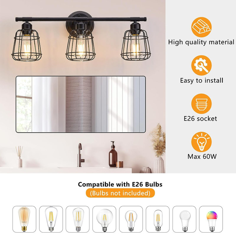 Matte Black 3-Light Industrial Cage Vanity Light