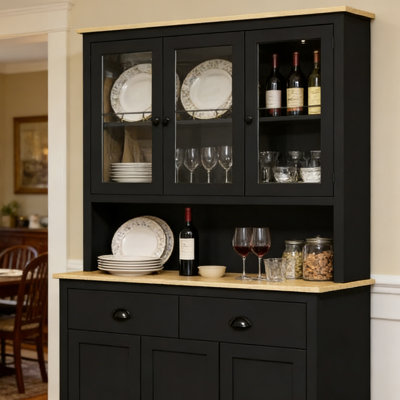 Wood Black and Oak Kitchen Pantry Cabinet with Hutch - Modern Farmhouse Storage Cabinet with Adjustable Shelves and Countertop for Dining Room & Living Room