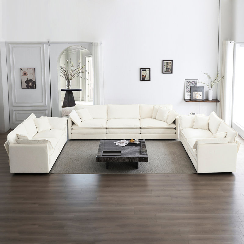 3 surdimensionnés en blanc: canapé confortable pour le salon. 2 2 canapés et 1 3. Chenille, construction, éponge. Configuration des sièges personnalisable, confort. Facile à assembler - 3 pièces - deux trois - blanc