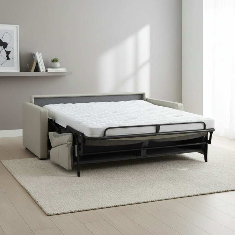 Canapé-lit à accoudoirs carrés en cuir véritable à grain carré de 77 po avec matelas en mousse à mémoire de forme Adalise Italian