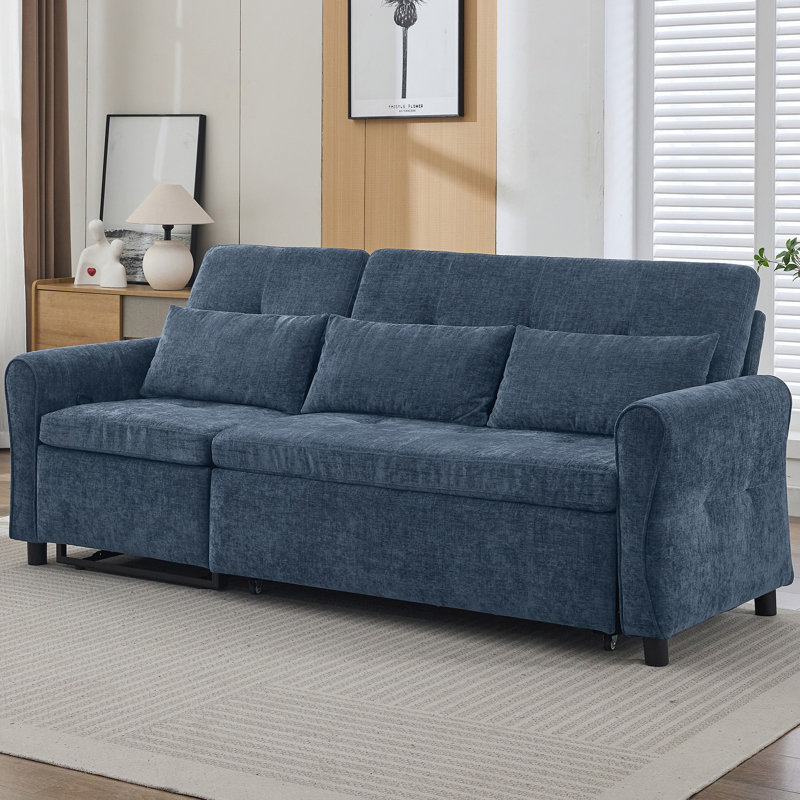 82" 2-In-1 Convertible Sofa Bed With Reversible Recliner, 3-Seater Sleeper Sofa For Living Room, Blue