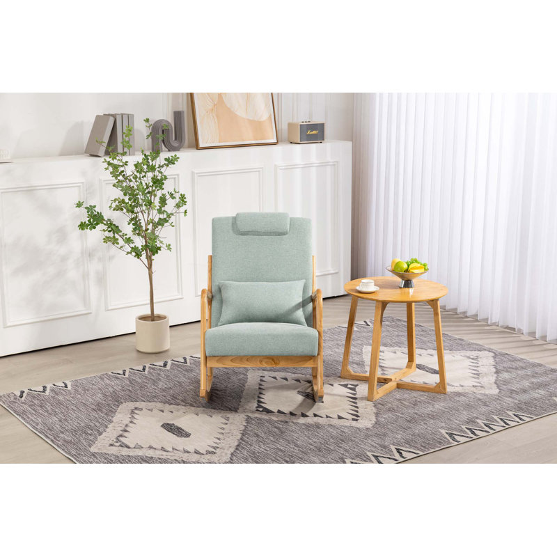 Chaise berçante rembourrée en tissu avec fauteuil à haut dossier et coussins lombaires pour le salon