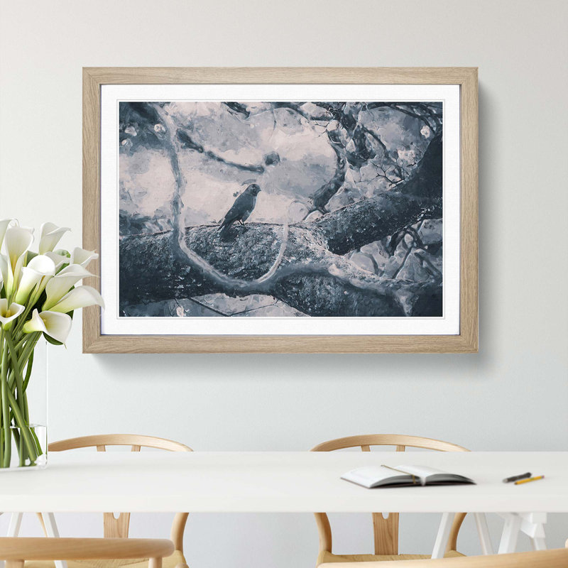Bird on the Tree in Abstract - Picture Frame Graphic Art Print, 48cm H x 65cm W x 2cm D, Oak Framed