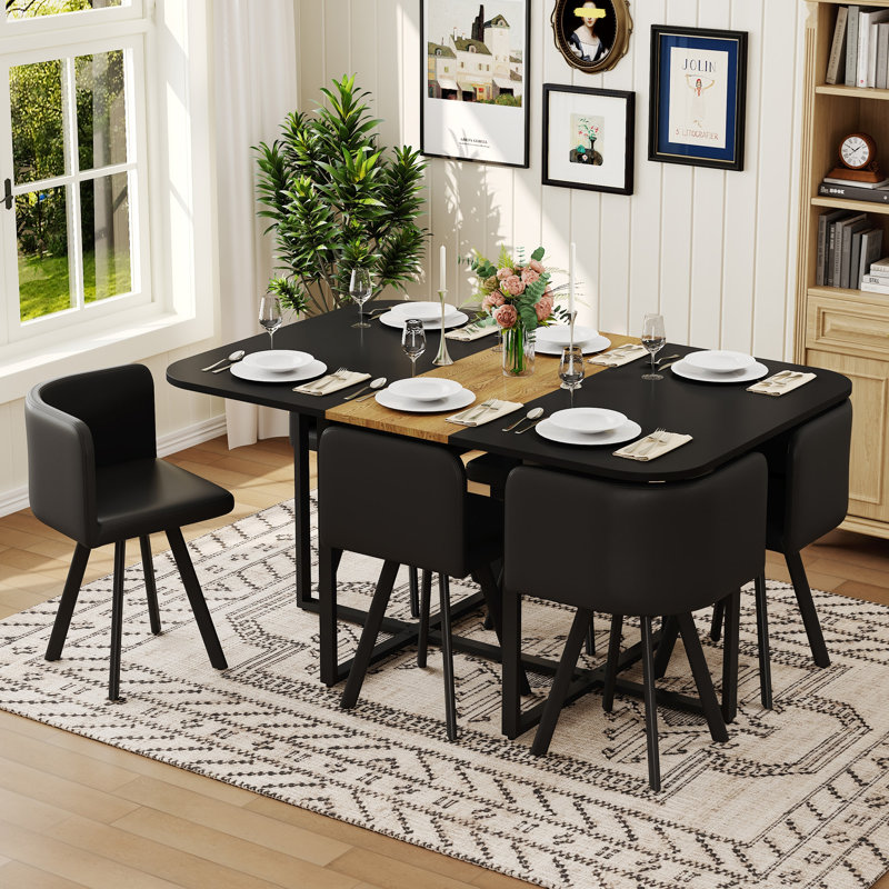 Ensemble de table de salle à manger 7 pièces avec 6 chaises en polyuréthane noir, table de cuisine rectangulaire à deux tons noir et grain de bois (planche de triamine), ensemble de mobilier de salle à manger moderne pour petit espace, appartement, restaurant