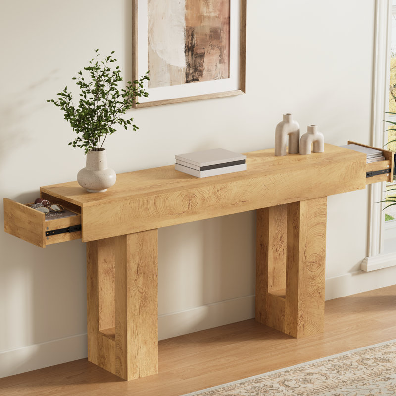 63" Farmhouse Console Table with 2 Drawers, Rustic Entryway Table for Hallway Living Room, Beige