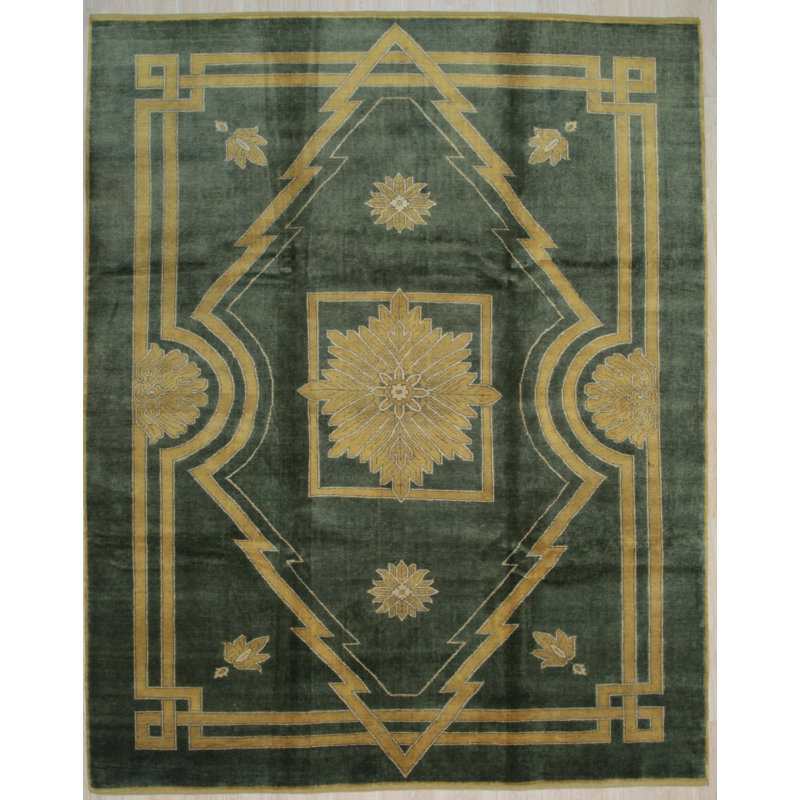 Tapis vert en laine noué à la main, Rectangle 8 pi x 10 pi