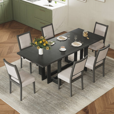 Rustic 82inch 7-Piece Extendable Dining Table Set, Trestle Kitchen Table with 6 Upholstered Dining Chairs and Two 12'' Removable Leaf