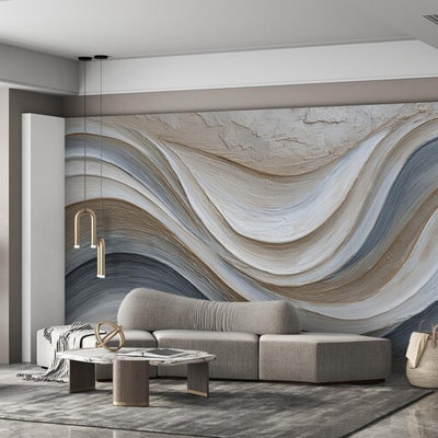 Modern Abstract Gray Wave Wall Mural, Textured Stone Effect Wallpaper, Neutral Flowing Art Wall Decor For Living Room Bedroom Office
