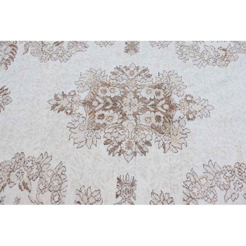 Grand tapis turc Oushak tissé à la main idéal pour la chambre à coucher ou la salle à manger en blanc rétro