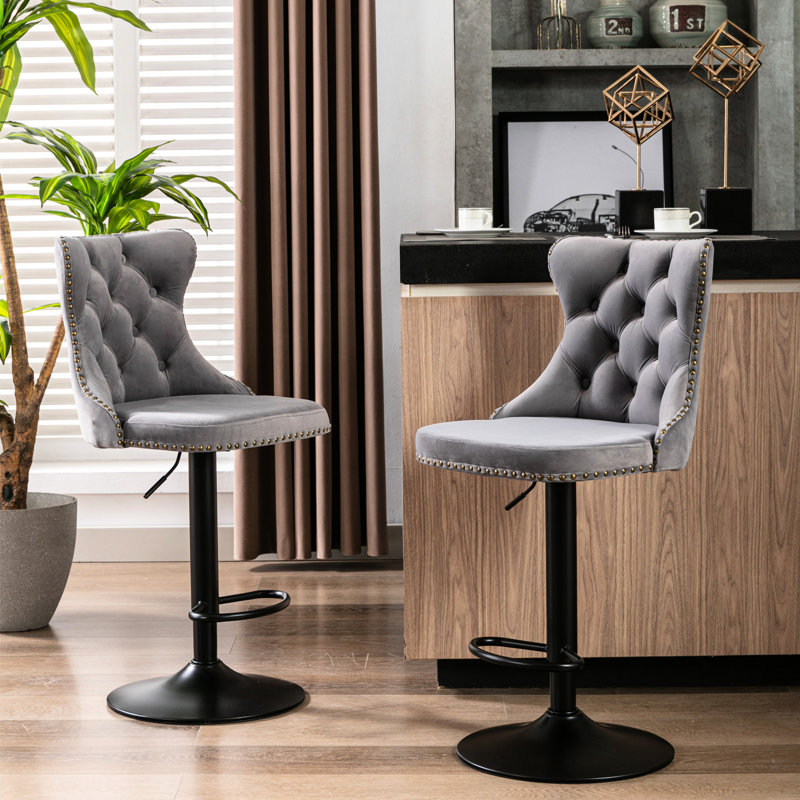 Modern Upholstered Gray Velvet With Backs, Of 2, 360 Swivel, Adjustable Seat 25 - 33 Inch, 17.7 Inch Base, Hand Hammered Rivets, Comfortable Ergonomic For Dining Height Stable American Design, Seat,