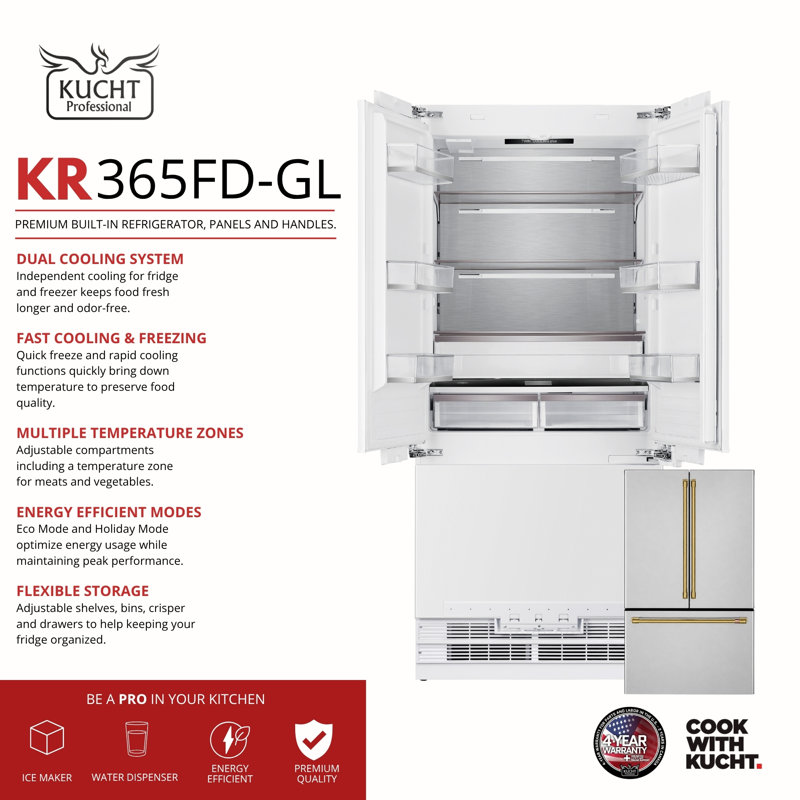 Kucht 35.75 in. W Built-In French Door Refrigerator, Stainless Steel/Gold