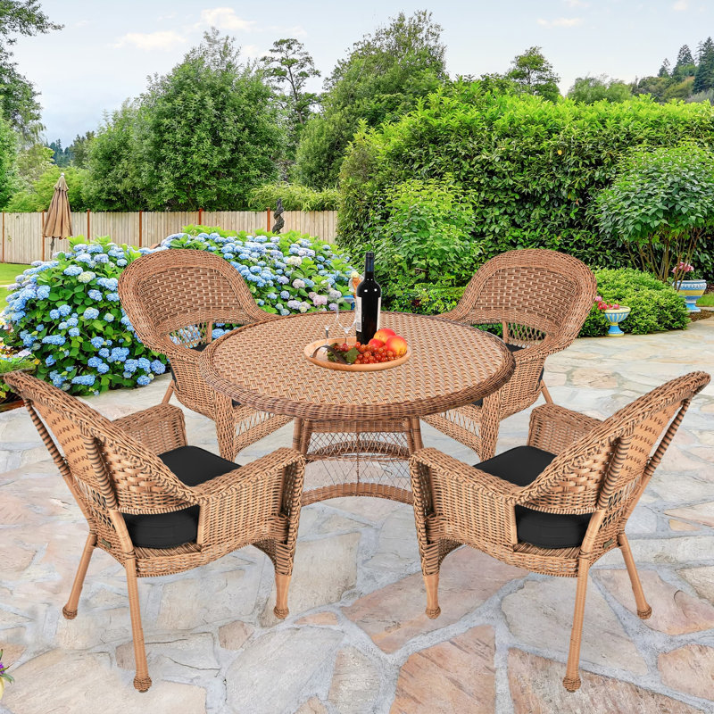 4 - Person Patio Dining Set with Round Table , Cushions Included, Honey, Black
