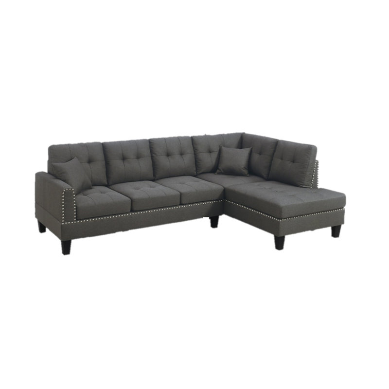 2-PCS SECTIONAL SET Living Room Furniture LAF Sofa And RAF Chaise Dark Coffee Color Linen Like Fabric Tufted Couch