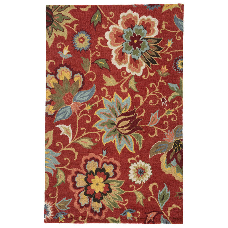 Tapis rouge / vert / beige en laine touffeté à la main Schupple, Rectangle 3 pi 6 po x 5 pi 6 po