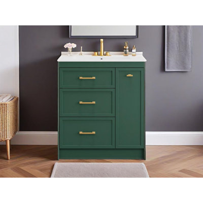 Meuble-lavabo autoportant moderne de 30 po avec trois tiroirs, dont un tiroir à double couche, avec de longues poignées dorées - parfait pour les petites salles de bain
