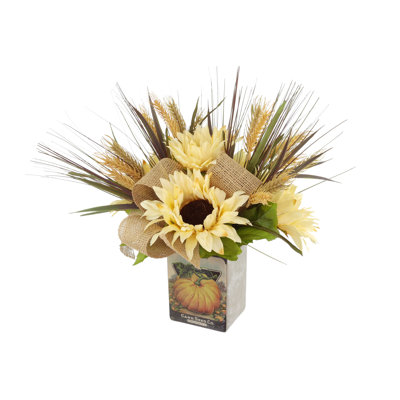 Sunflower and Wheat Fall Arrangement in a Cement Pot