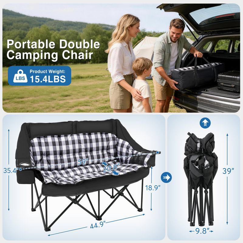 Double Camping Chair, 59" Oversized Folding Camping Loveseat With Thick Padded Cushion, Wine Glass Holder & Cooler Pockets, Portable Outdoor Camping Sofa