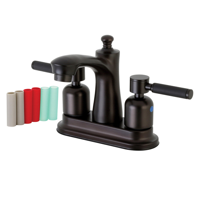 Kingston Brass Kaiser Two-Handle 3-Hole Deck Mount 4" Centerset Bathroom Faucet with Plastic Pop-Up, Oil Rubbed Bronze