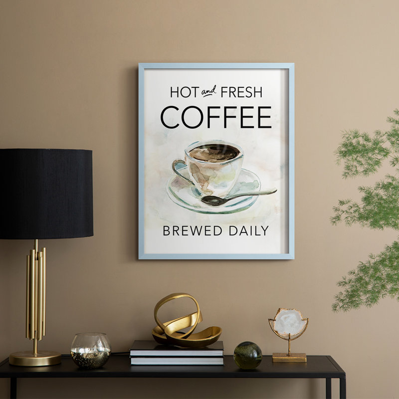 «Hot and Fresh Coffee», reproduction encadrée - bois massif, H 21 po x l 17 po, Bleu