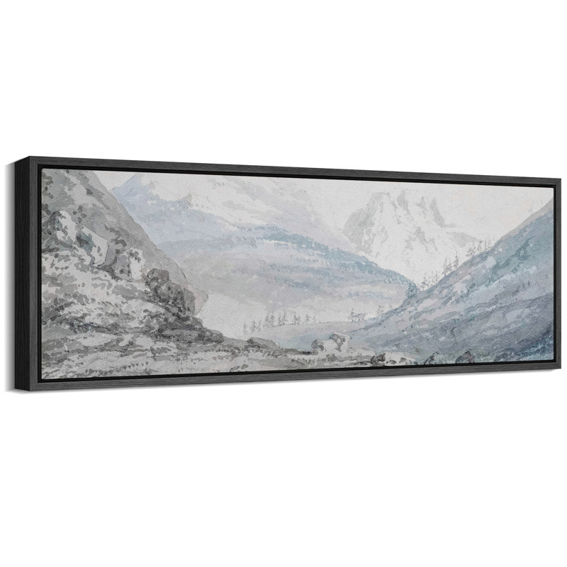 Rustic Countryside Misty Mountain Range, aquarelle encadrée sur toile, H 20 po x l 60 po, Noir, noir, noir, noir