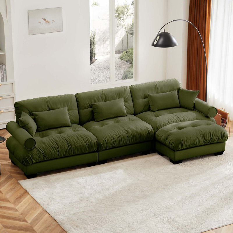 Canapé modulaire en L à assise profonde avec 1 repose-pieds mobile, Velours vert olive