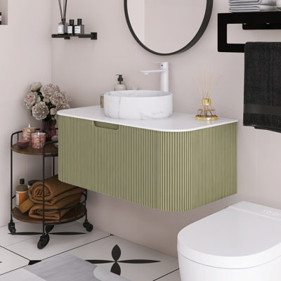 Meuble-lavabo mural de 36 po avec bords arrondis et motif rayÃ©, armoire de rangement avec un tiroir, lavabo rond en cÃ©ramique avec motif pierre