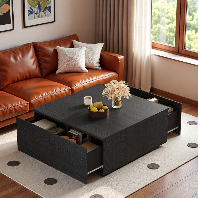 Table basse moderne carrée avec 4 tiroirs, Noir