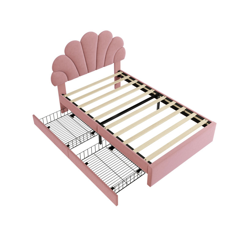 Velvet 3FT Single Petal Bed with Adjustable Headboard, 2 Storage Drawers, Solid Wood Slats, No Box Spring Needed, Easy Assembly