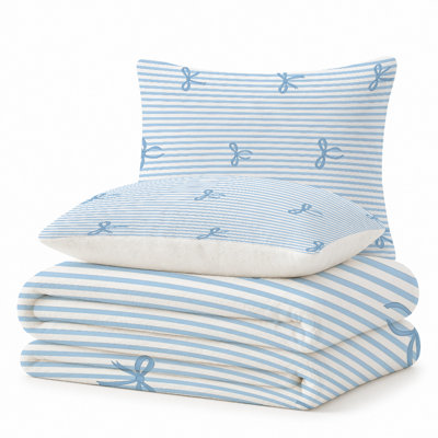 Premium Flannel Lightweight Blanket & 2 Pillow Shams Set with Blue Stripes & Delicate Light Blue Bows, Ultra-Soft & Warm Cozy Bedding Set for All-Season, 60" x 80" Blanket + 2 Pillowcases Anti-Pilling & Machine Washable(Set of 3)