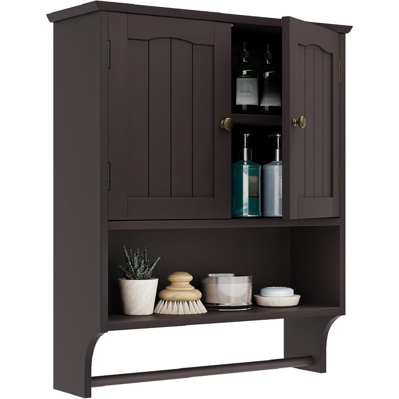 Brown Wall Cabinet With Towel Bar - Medicine Cabinet With Adjustable Shelves, Over Toilet Cabinet For Laundry Room Kitchen