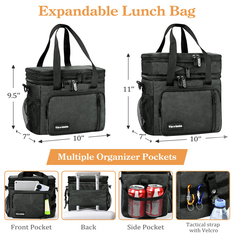 Tirrinia Large Lunch Cooler Bag, Insulated Double Deck Leakproof Lunch Box, Reusable Cooler Tote, Charcoal