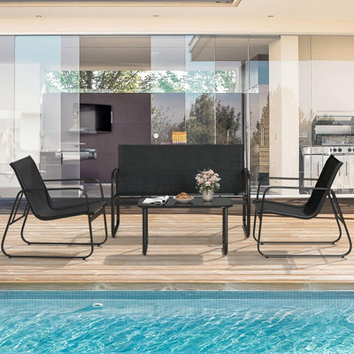 4 Piece Patio Furniture Set, Small Backyard Bistro Chairs, Loveseat And Glass Table, PVC-coated polyester Outdoor Conversation Set For Lawn, Garden, Balcony, Poolside (Black)